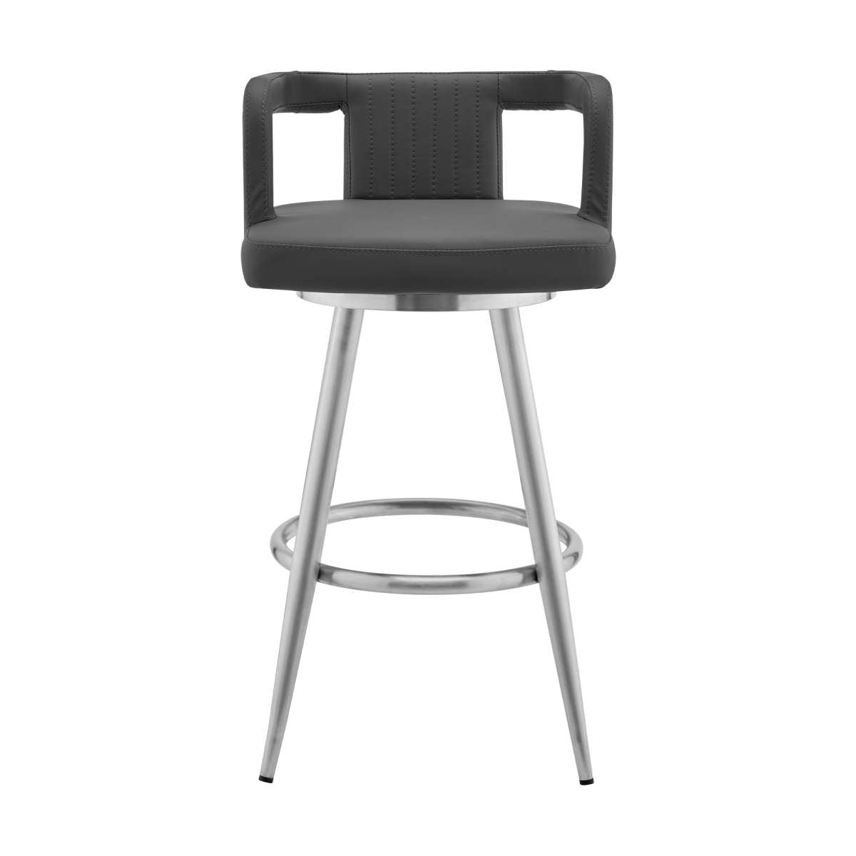 Gabriele 26" Gray Faux Leather and Brushed Stainless Steel Swivel Bar Stool By Armen Living | Bar Stools |  Modishstore  - 3