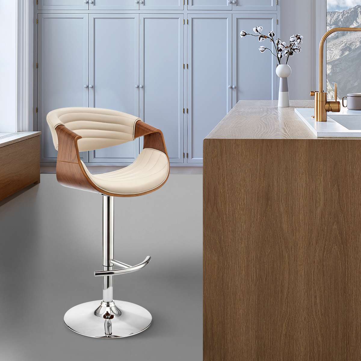 Gionni Adjustable Swivel Cream Faux Leather and Walnut Wood Bar Stool with Chrome Base By Armen Living | Bar Stools | Modishstore