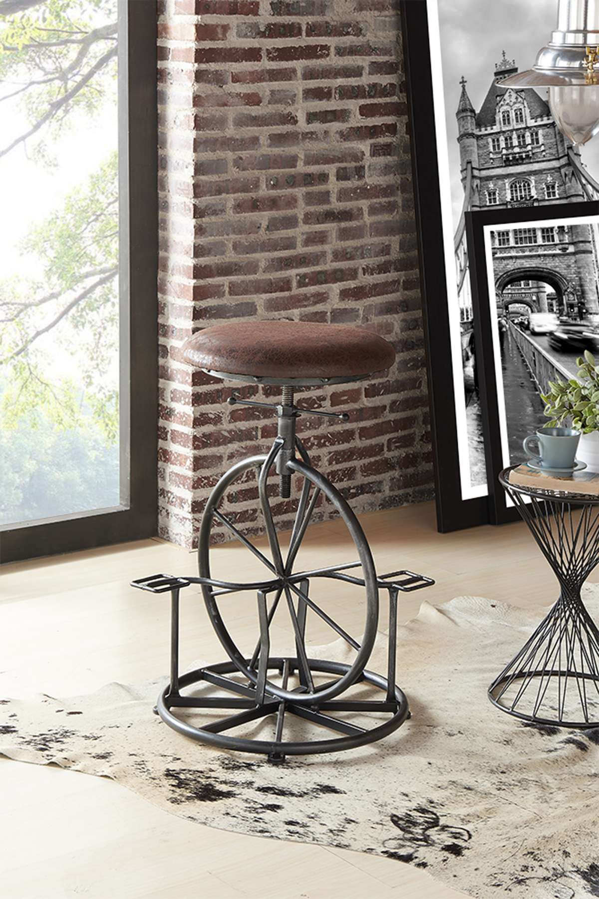 Harlem Adjustable Height Swivel Pine Wood and Metal Bicycle Bar Stool  By Armen Living | Bar Stools | Modishstore - 5