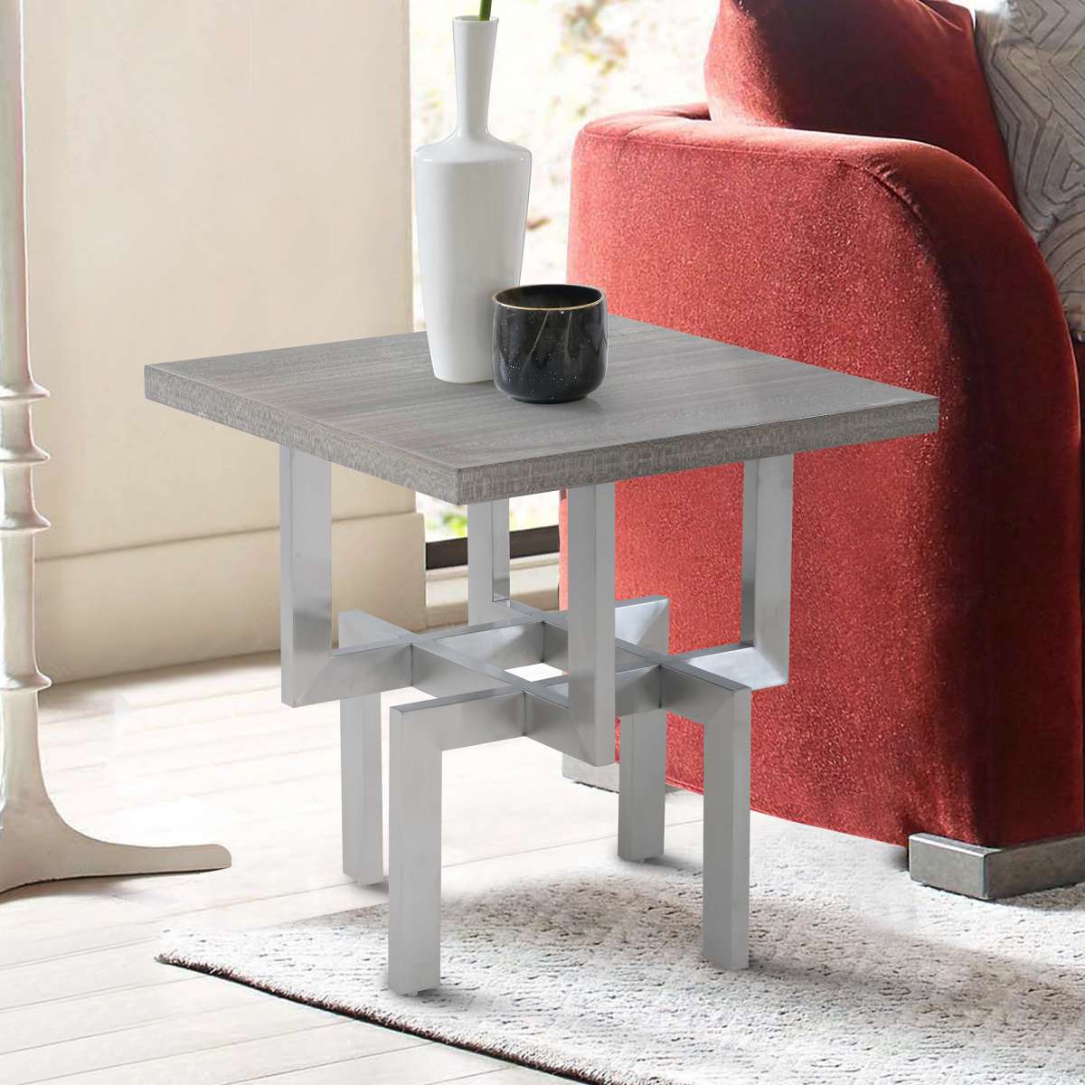 Illusion Gray Wood End Table with Brushed Stainless Steel Base By Armen Living | End Tables |  Modishstore 