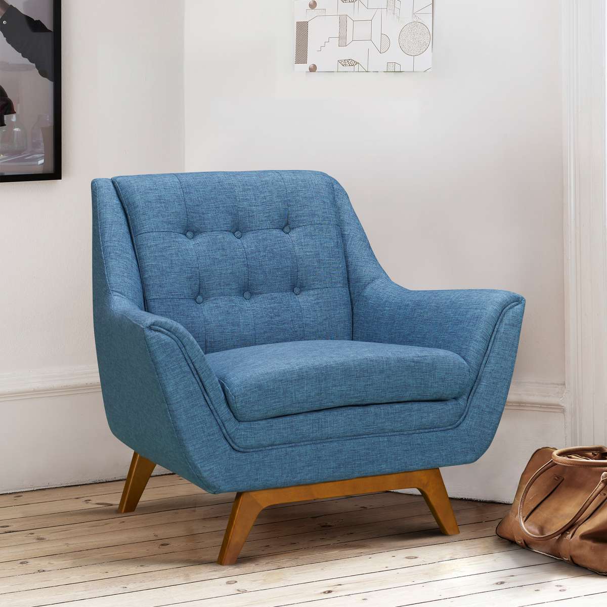 Janson Mid-Century Sofa Chair in Champagne Wood Finish and Blue Fabric By Armen Living | Armchairs | Modishstore