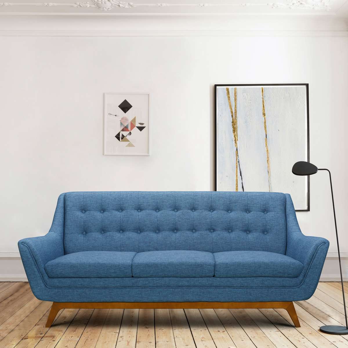 Janson Mid-Century Sofa in Champagne Wood Finish and Blue Fabric By Armen Living | Sofas | Modishstore