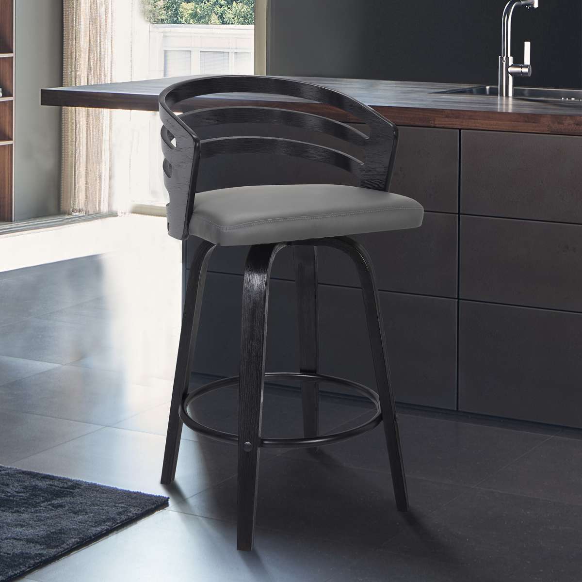 Jayden 26" Counter Height Swivel Grey Faux Leather and Black Wood Bar Stool By Armen Living | Bar Stools | Modishstore