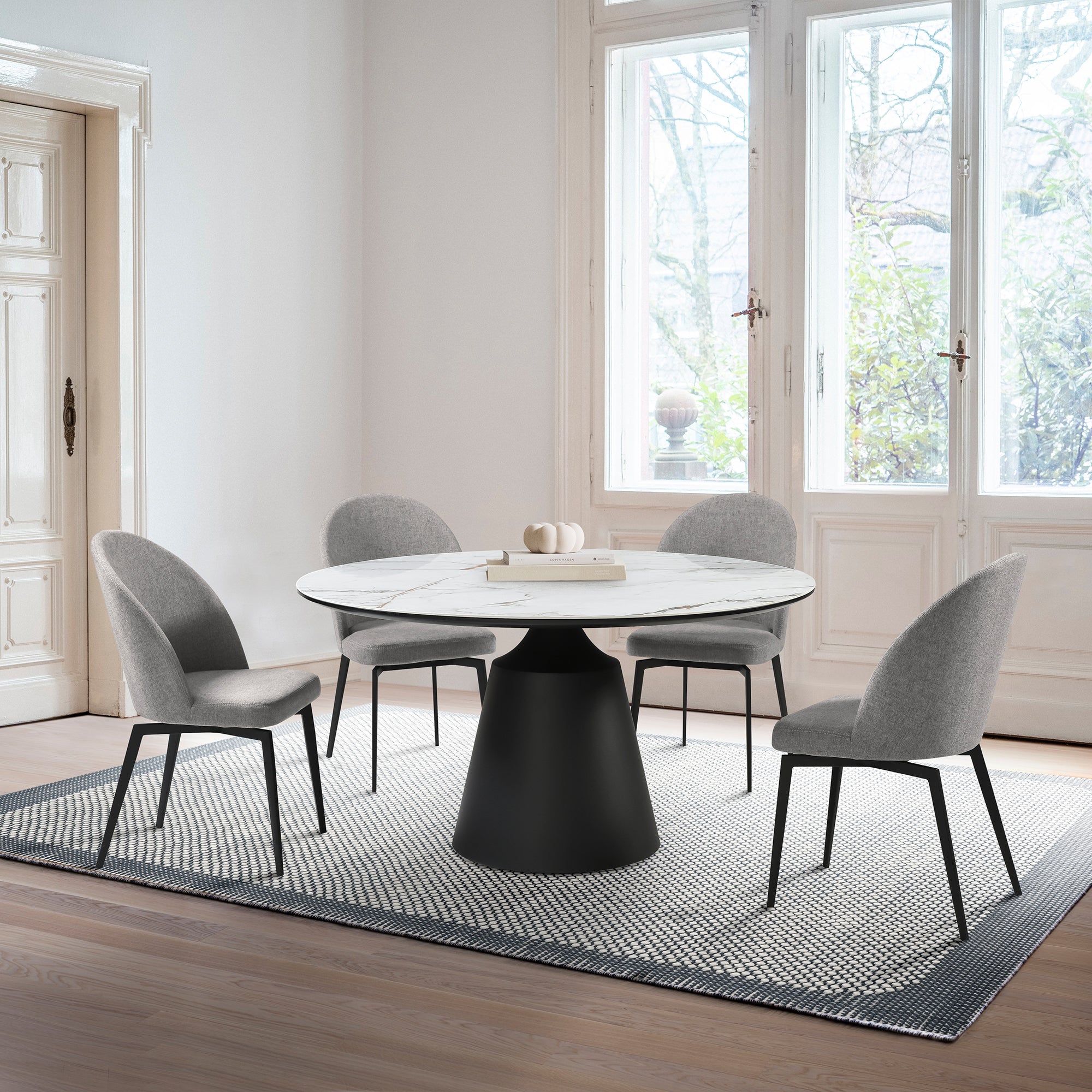 Knox Round Dining Table with Stone Top and Black Metal Base By Armen L Modish Store