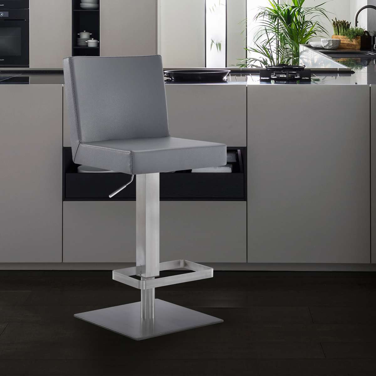 Legacy Adjustable Height Swivel Grey Faux Leather and Brushed Stainless Steel Bar Stool By Armen Living | Bar Stools | Modishstore