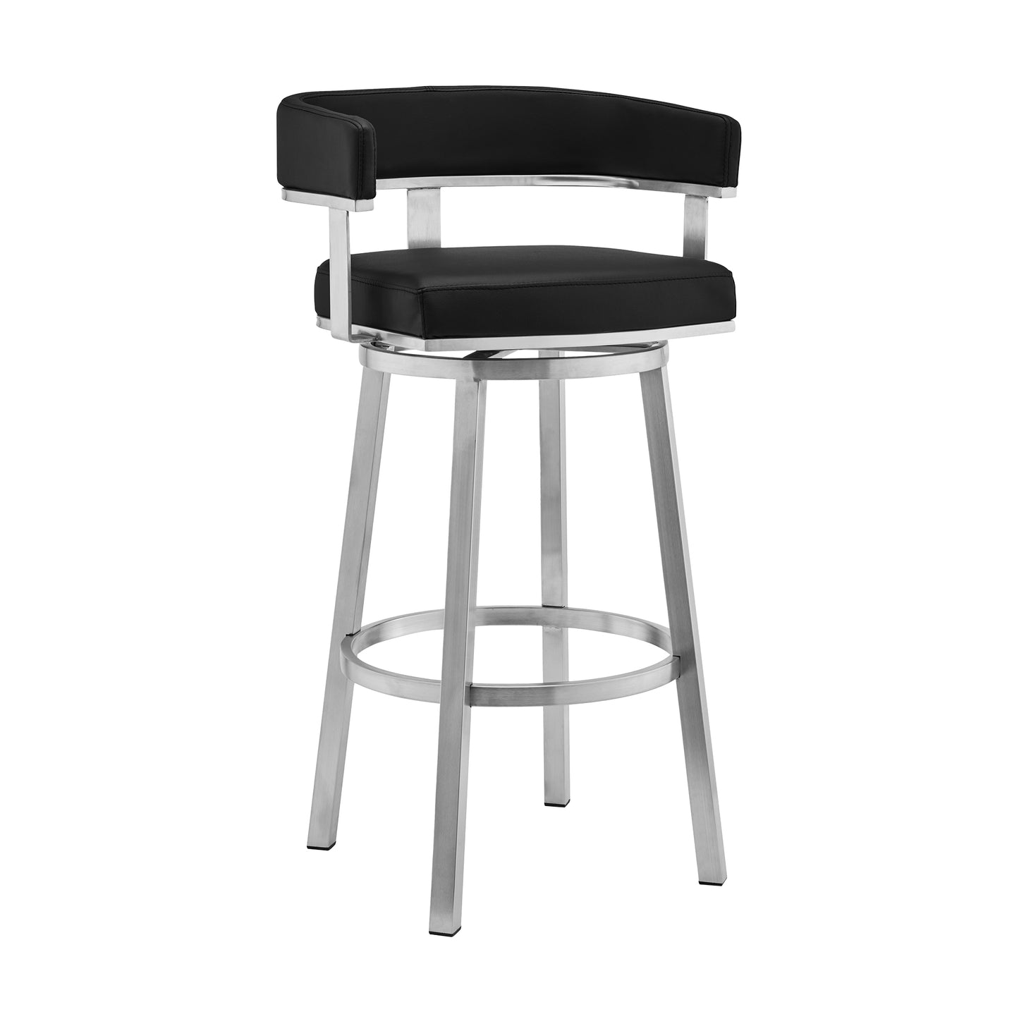 Lorin 30" Black Faux Leather and Brushed Stainless Steel Swivel Bar Stool By Armen Living | Bar Stools | Modishstore - 2