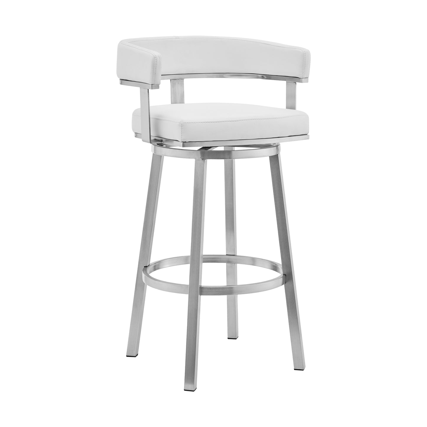 Lorin 26" White Faux Leather and Brushed Stainless Steel Swivel Bar Stool By Armen Living | Bar Stools | Modishstore - 2