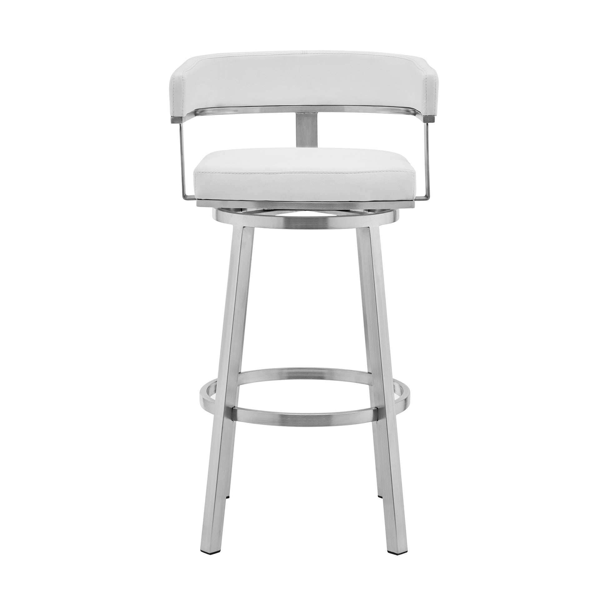 Lorin 26" White Faux Leather and Brushed Stainless Steel Swivel Bar Stool By Armen Living | Bar Stools | Modishstore - 3