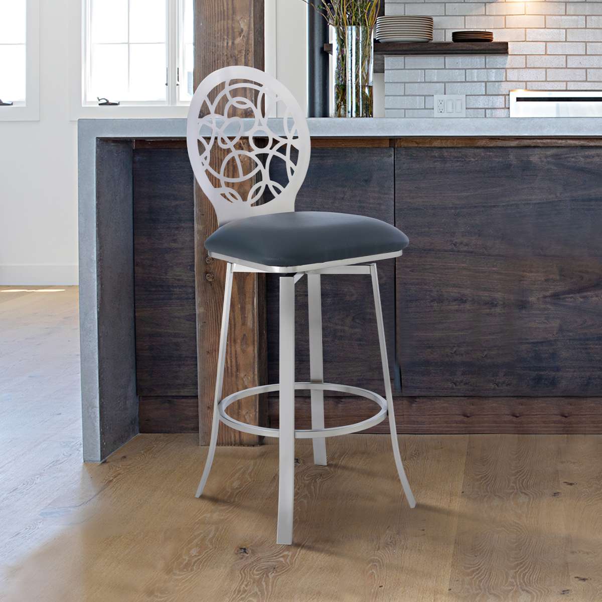 Lotus Contemporary 26" Counter Height Barstool in Brushed Stainless Steel Finish and Gray Faux Leather By Armen Living | Bar Stools |  Modishstore 