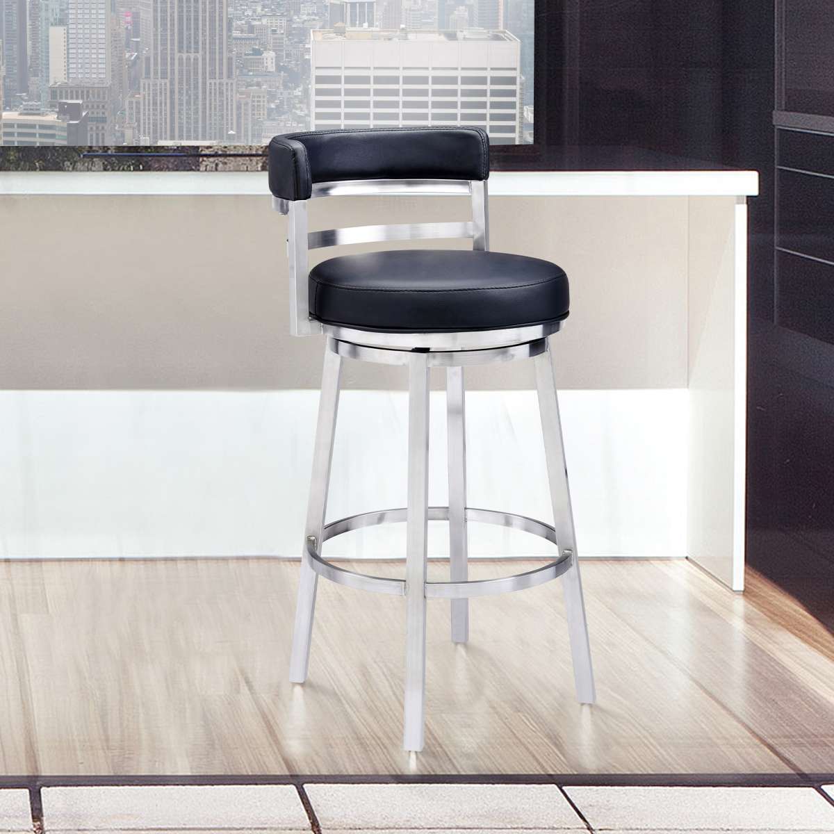 Madrid 30" Bar Height Swivel Black Faux Leather and Brushed Stainless Steel Bar Stool By Armen Living | Bar Stools | Modishstore