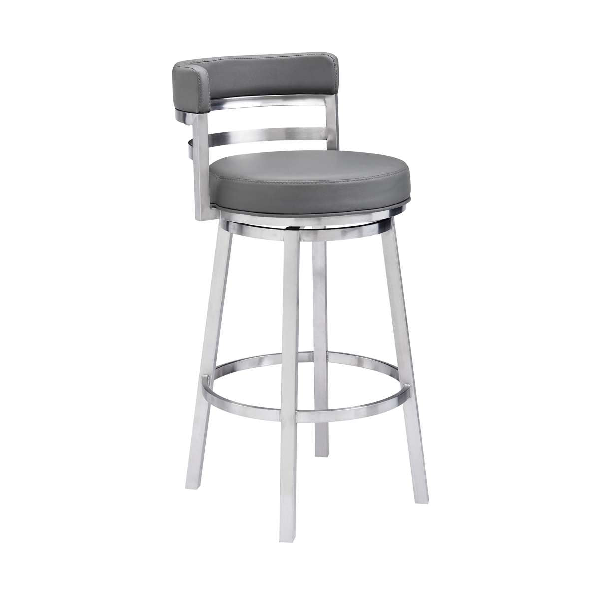 Madrid 30" Bar Height Swivel Grey Faux Leather and Brushed Stainless Steel Bar Stool By Armen Living | Bar Stools | Modishstore - 2