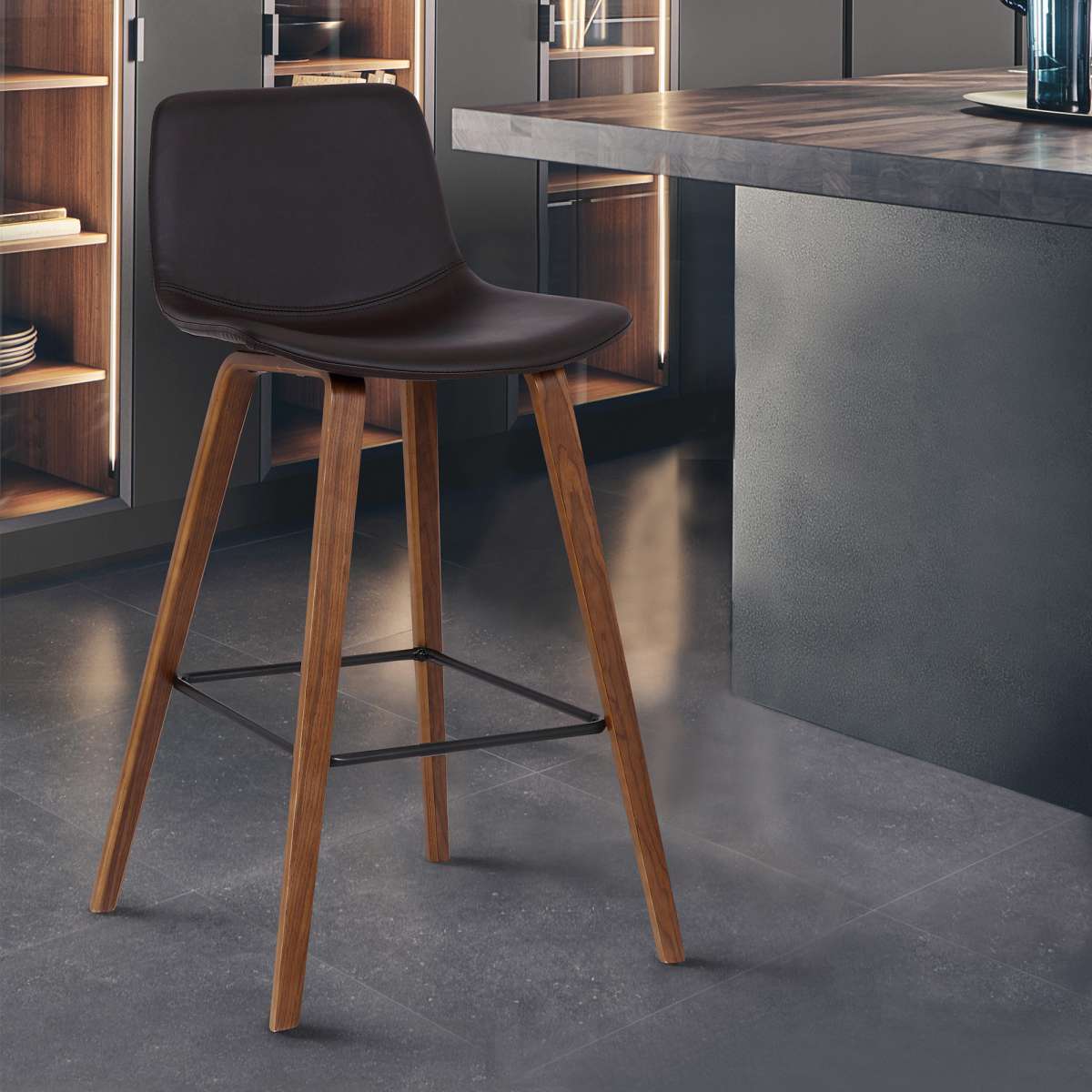 Maddie Contemporary Barstool in Walnut Wood Finish and Brown Faux Leather By Armen Living | Bar Stools | Modishstore