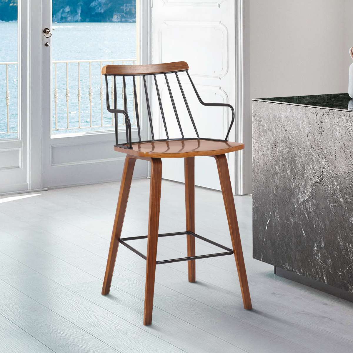 Micah Walnut and Metal Modern 26" Counter Height Bar Stool By Armen Living | Bar Stools | Modishstore