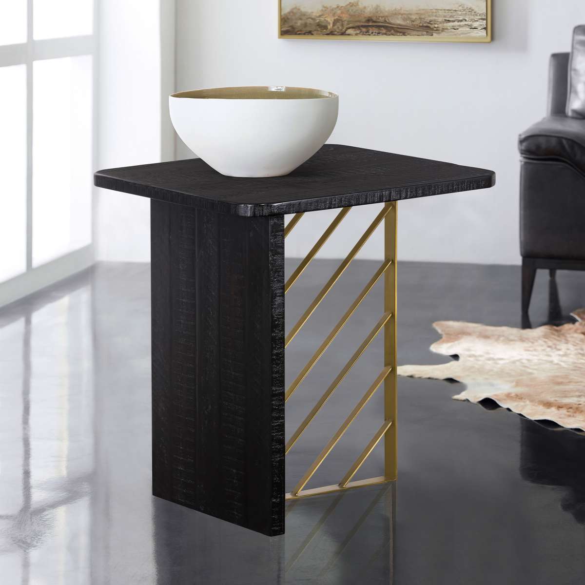 Monaco Black Wood Side Table with Antique Brass Accent By Armen Living | End Tables | Modishstore