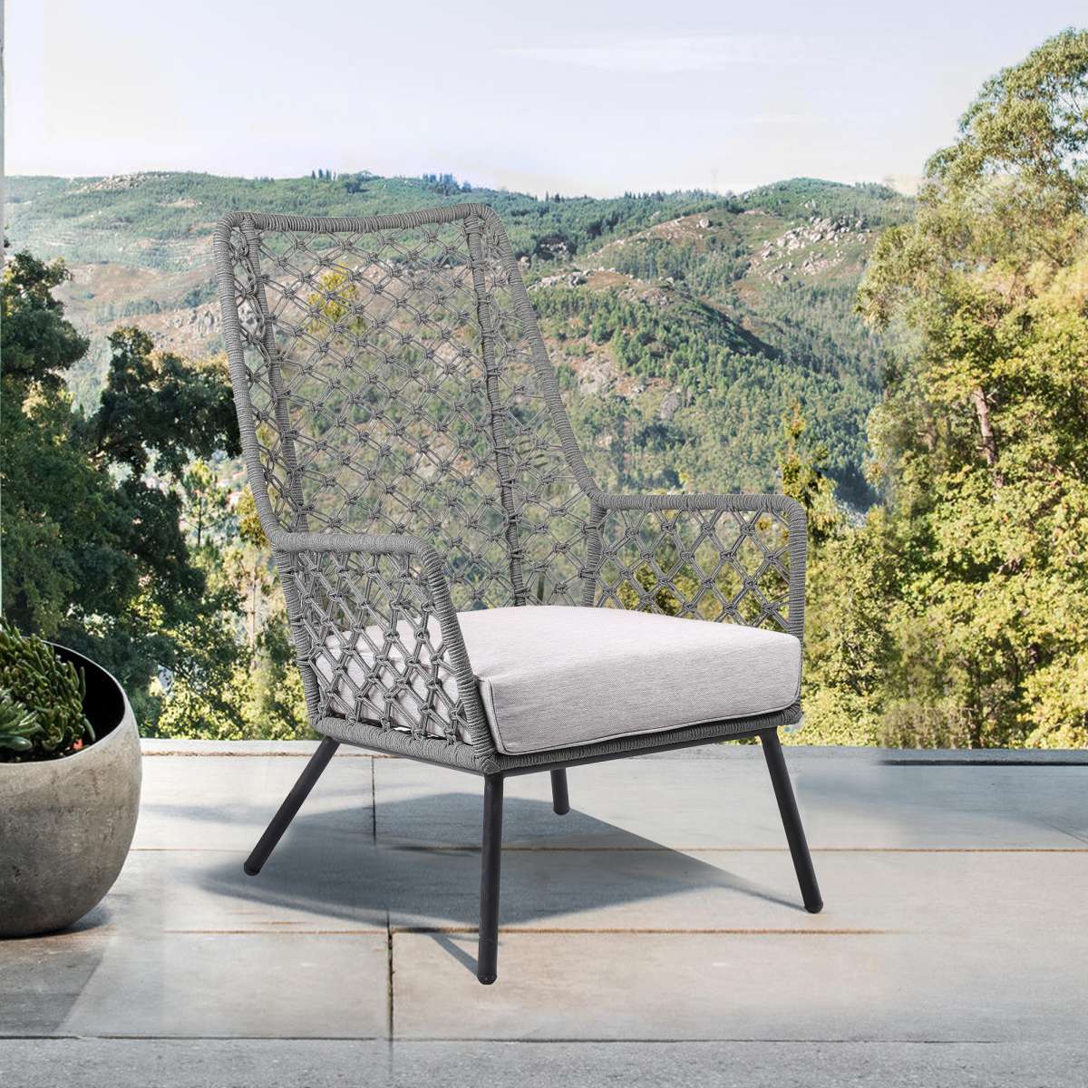 Marco Indoor Outdoor Steel Lounge Chair with Grey Rope and Grey Cushion By Armen Living | Outdoor Chairs |  Modishstore 