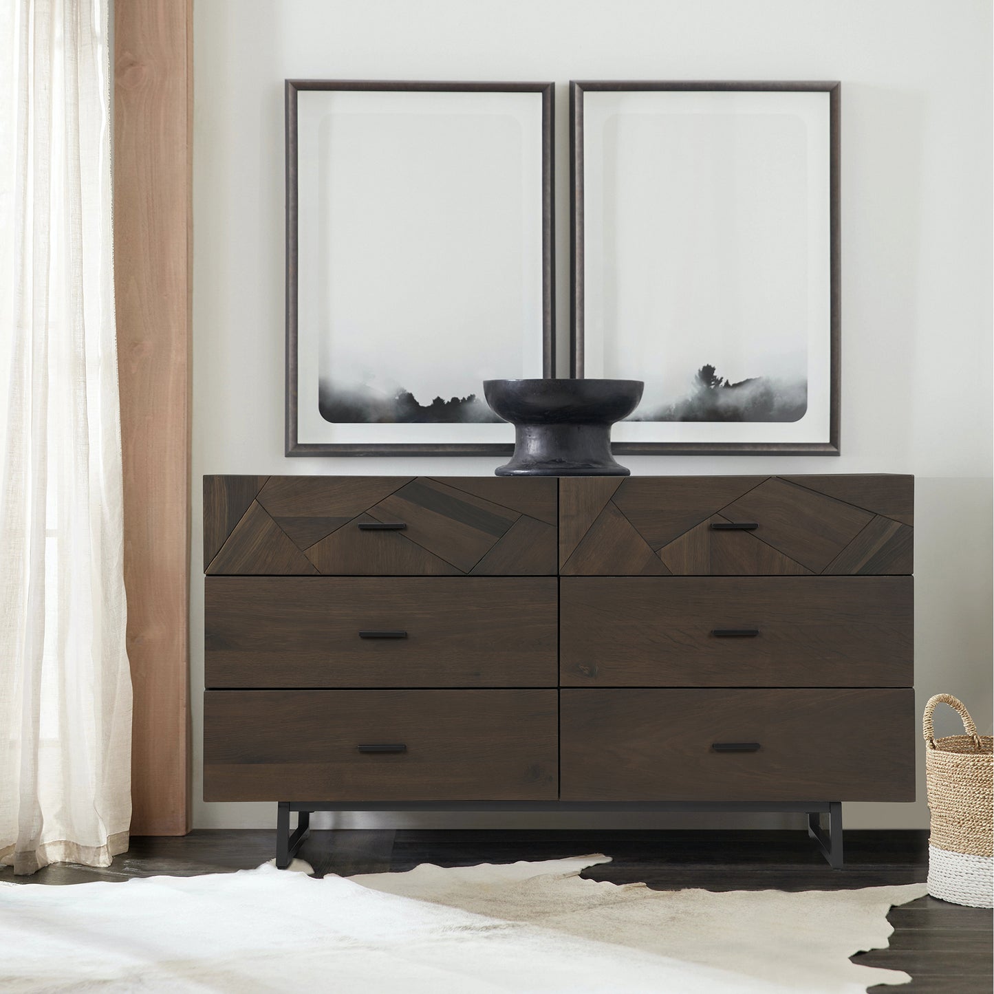 Marquis 6 Drawer Oak Wood Dresser with Black Metal Legs By Armen Living | Dressers | Modishstore