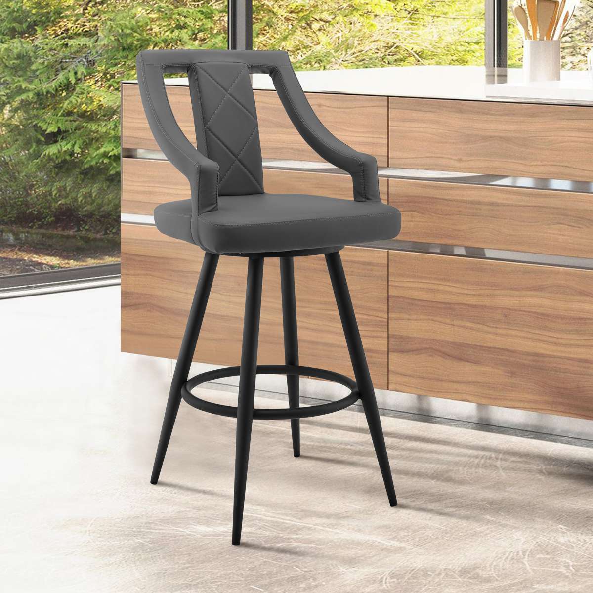 Maxen 30" Gray Faux Leather and Black Metal Swivel Bar Stool By Armen Living | Bar Stools |  Modishstore 