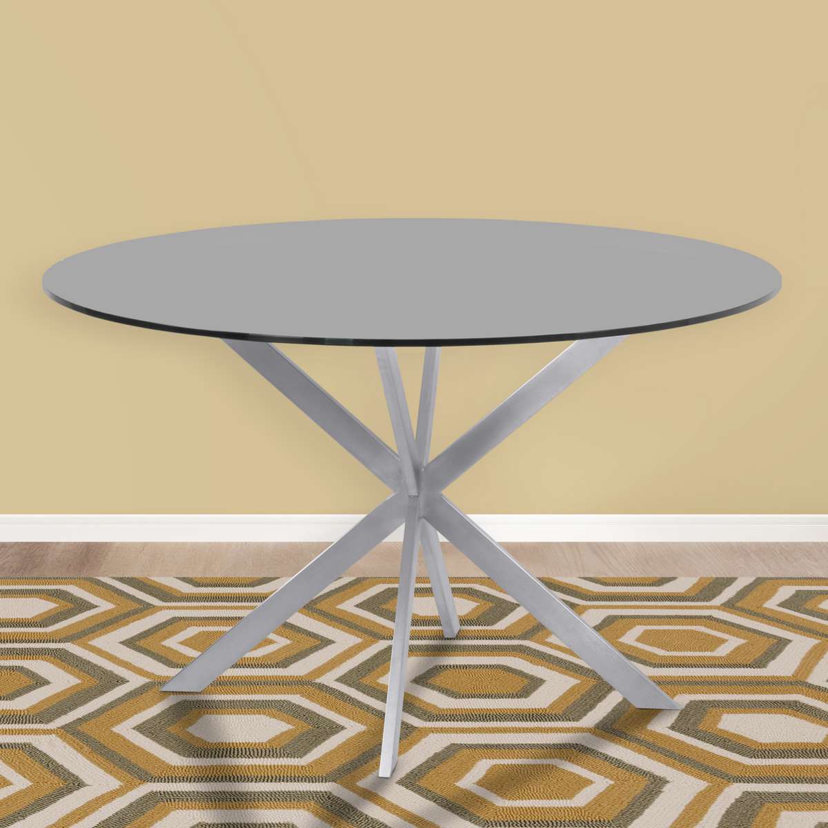 Mystere Round Dining Table in Brushed Stainless Steel with Gray Tempered Glass Top By Armen Living | Dining Tables | Modishstore