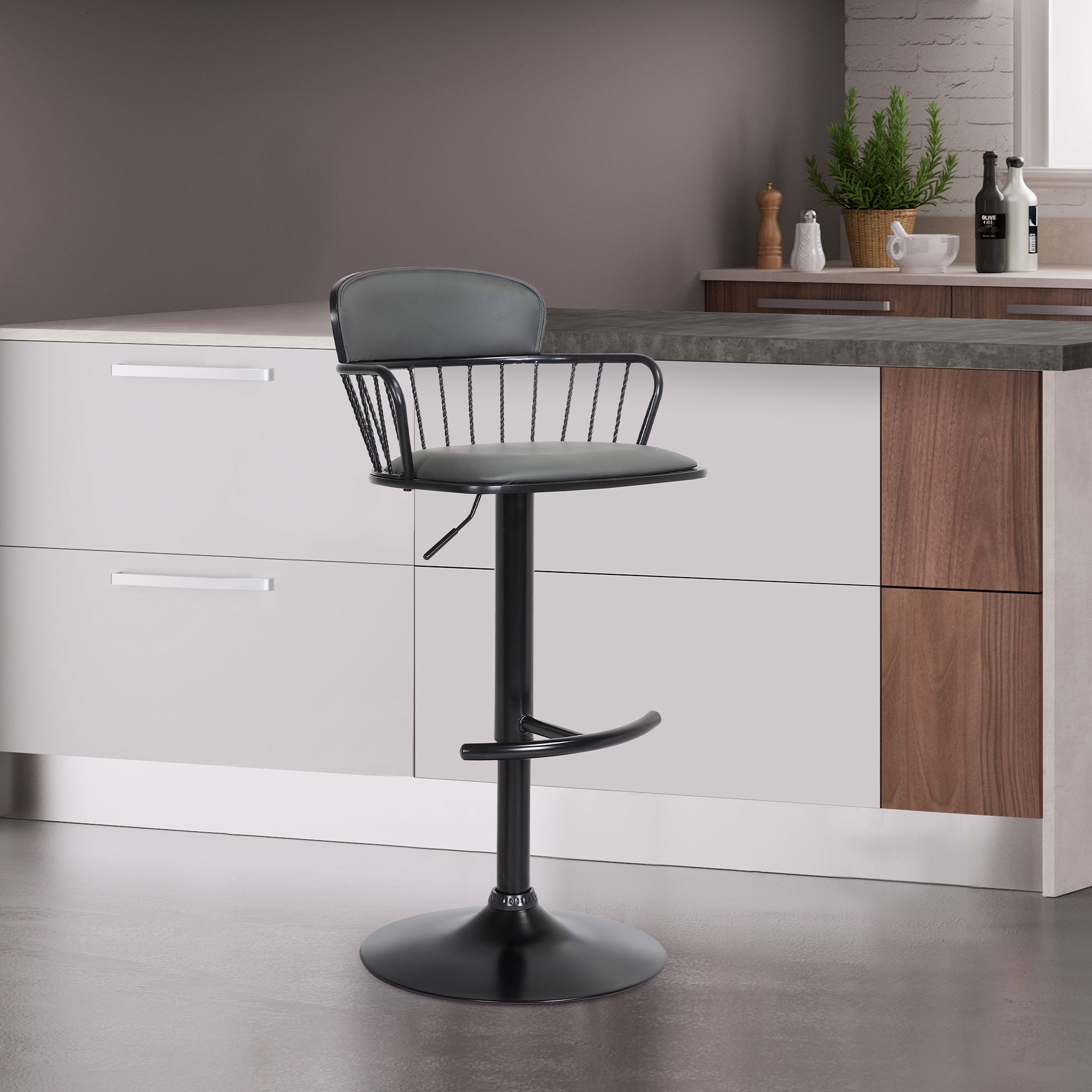 Nash Adjustable Black Wood Bar Stool in Grey Faux Leather with