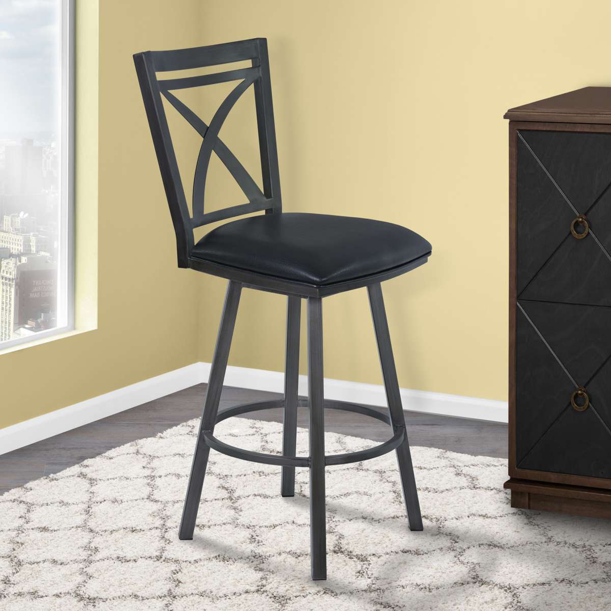 Nova 26" Counter Height Metal Swivel Barstool in Ford Black Pu and Mineral Finish By Armen Living | Bar Stools | Modishstore