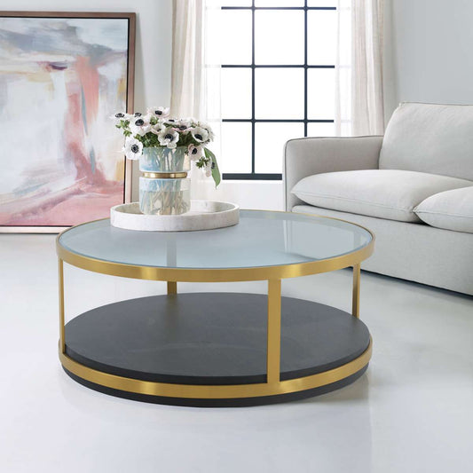 Hattie Glass Top and Walnut Wood Coffee Table with Brushed Gold Frame By Armen Living | Coffee Tables | Modishstore