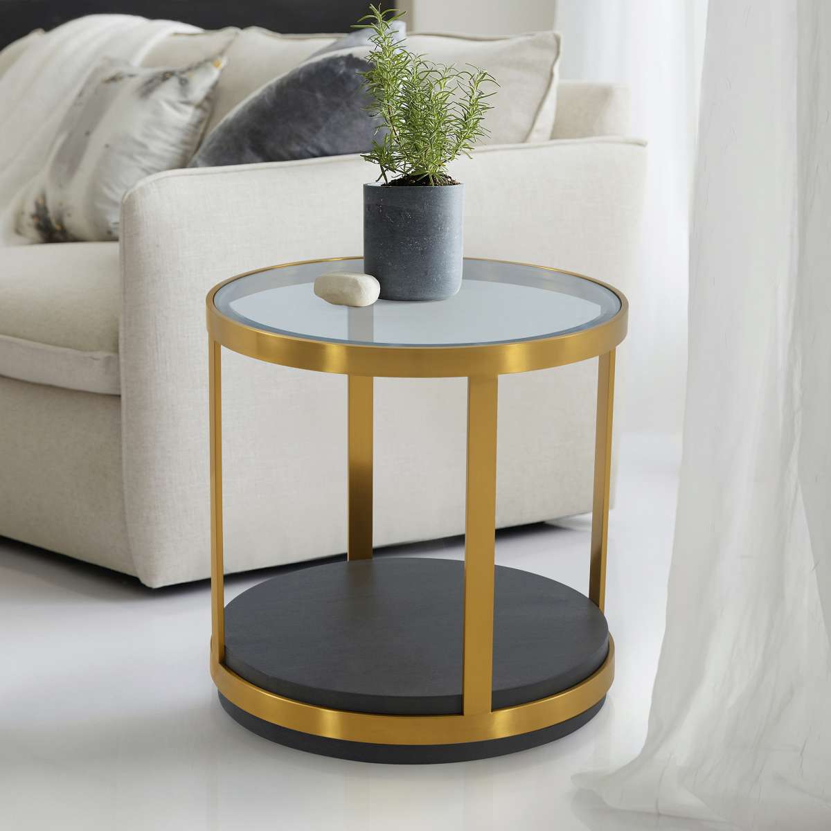 Hattie Glass Top and Walnut Wood End Table with Brushed Gold Frame By Armen Living | End Tables | Modishstore