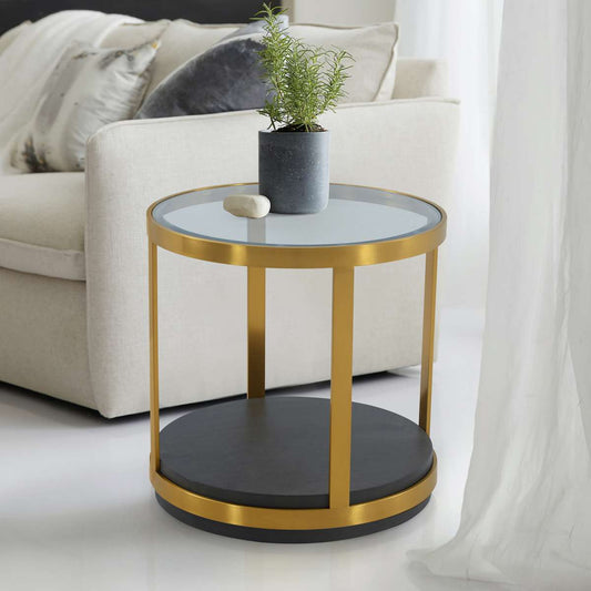 Hattie Glass Top and Walnut Wood End Table with Brushed Gold Frame By Armen Living | End Tables | Modishstore