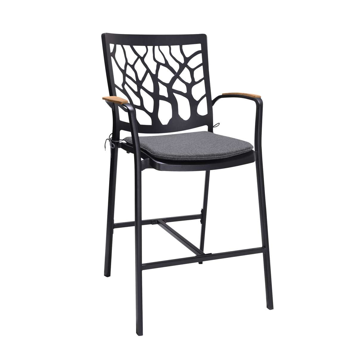 Portals Outdoor Patio Aluminum Barstool in Black with Natural Teak Wood Accent and Cushions By Armen Living | Bar Stools |  Modishstore  - 2