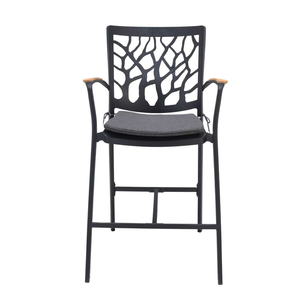 Portals Outdoor Patio Aluminum Barstool in Black with Natural Teak Wood Accent and Cushions By Armen Living | Bar Stools |  Modishstore  - 3