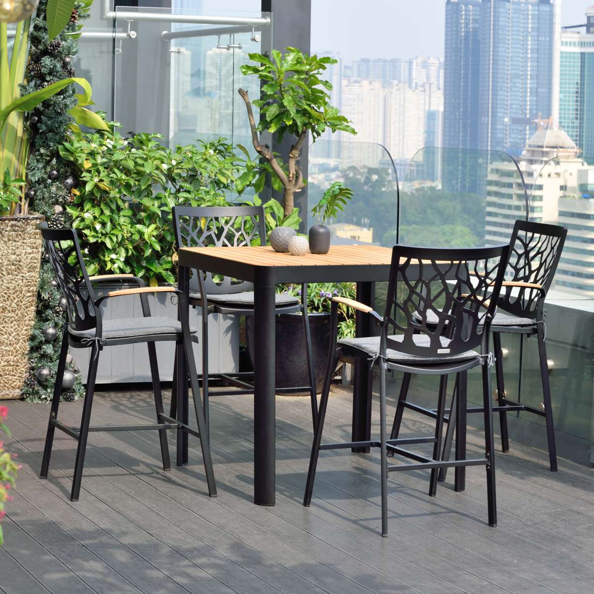 Portals Outdoor Patio Aluminum Barstool in Black with Natural Teak Wood Accent and Cushions By Armen Living | Bar Stools |  Modishstore 