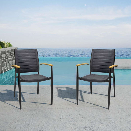 Portals Outdoor Patio Aluminum Chair in Black with Natural Teak Wood Accent-Set of 2 By Armen Living | Outdoor Chairs |  Modishstore  - 7