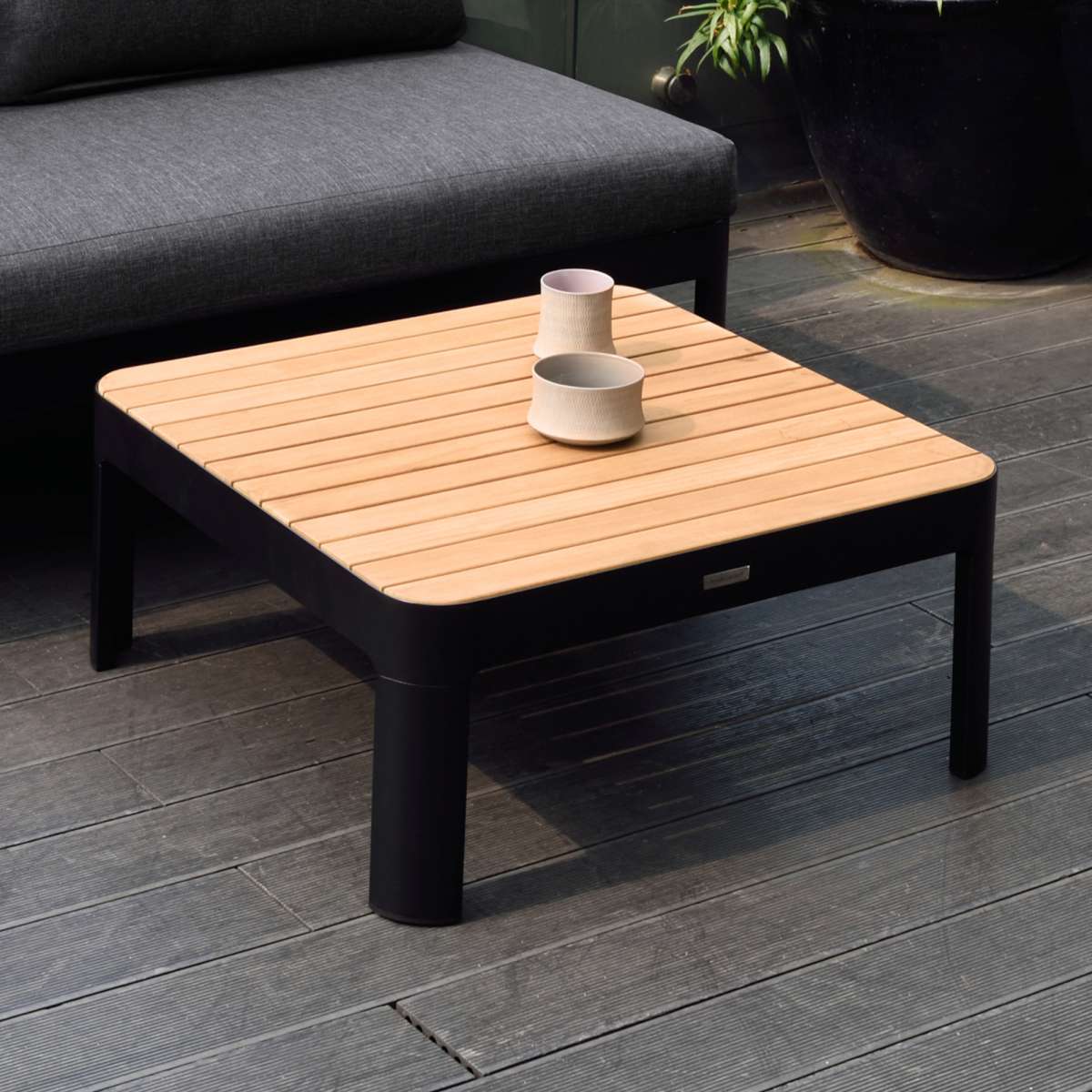 Portals Outdoor Square Coffee Table in Black Finish with Natural Teak Wood Top By Armen Living | Outdoor Tables |  Modishstore  - 5