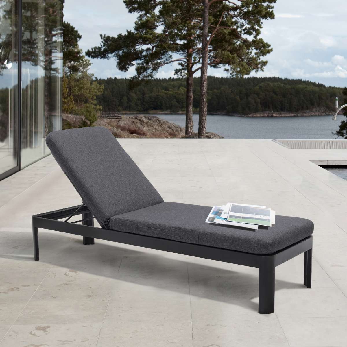 Portals Outdoor Chaise Lounge Chair in Black Finish and Grey Cushions By Armen Living | Outdoor Chairs |  Modishstore 