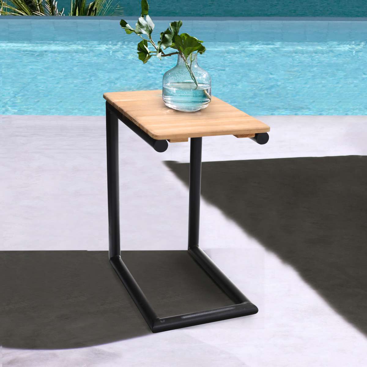 Portals Outdoor C-Shape Side Table in Black Finish and Natural Teak Wood Top By Armen Living | Outdoor Tables |  Modishstore 