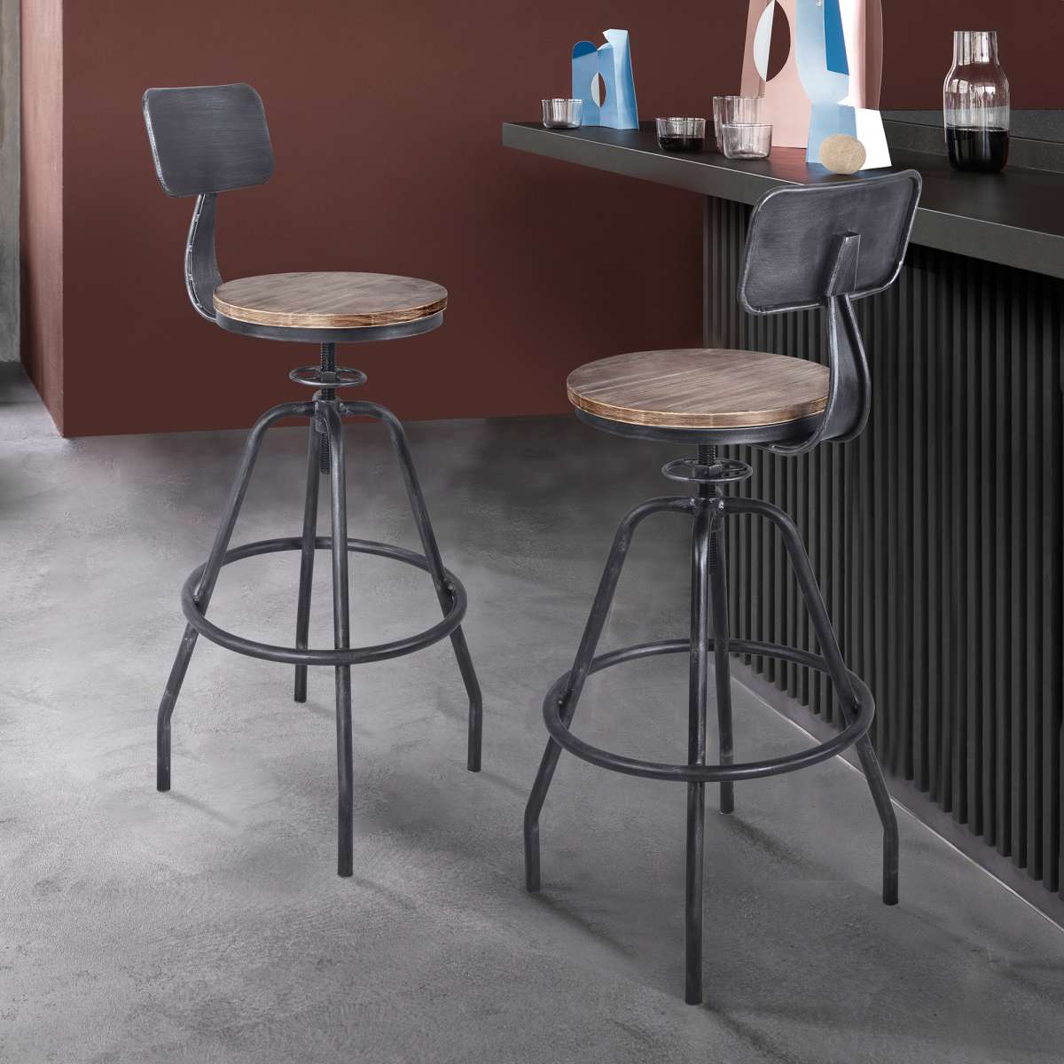 Perlo Industrial Adjustable Barstool in Industrial Gray and Pine Wood By Armen Living | Bar Stools | Modishstore