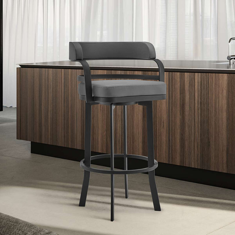 Prinz 30" Bar Height Swivel Grey Faux Leather and Black Metal Bar Stool By Armen Living | Bar Stools | Modishstore