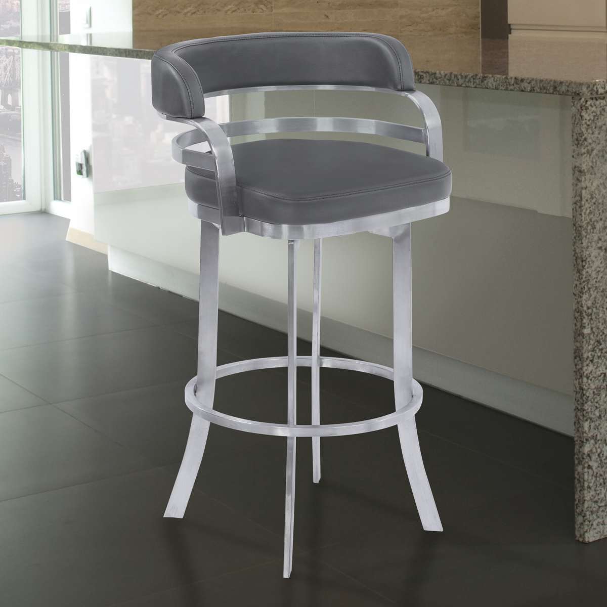 Prinz 26" Counter Height Swivel Grey Faux Leather and Brushed Stainless Steel Bar Stool By Armen Living | Bar Stools | Modishstore