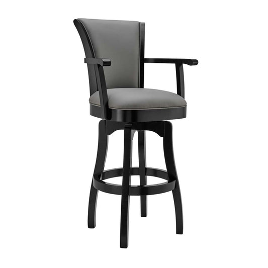 Raleigh 30" Bar Height Swivel Grey Faux Leather and Black Wood Arm Bar Stool By Armen Living | Bar Stools | Modishstore