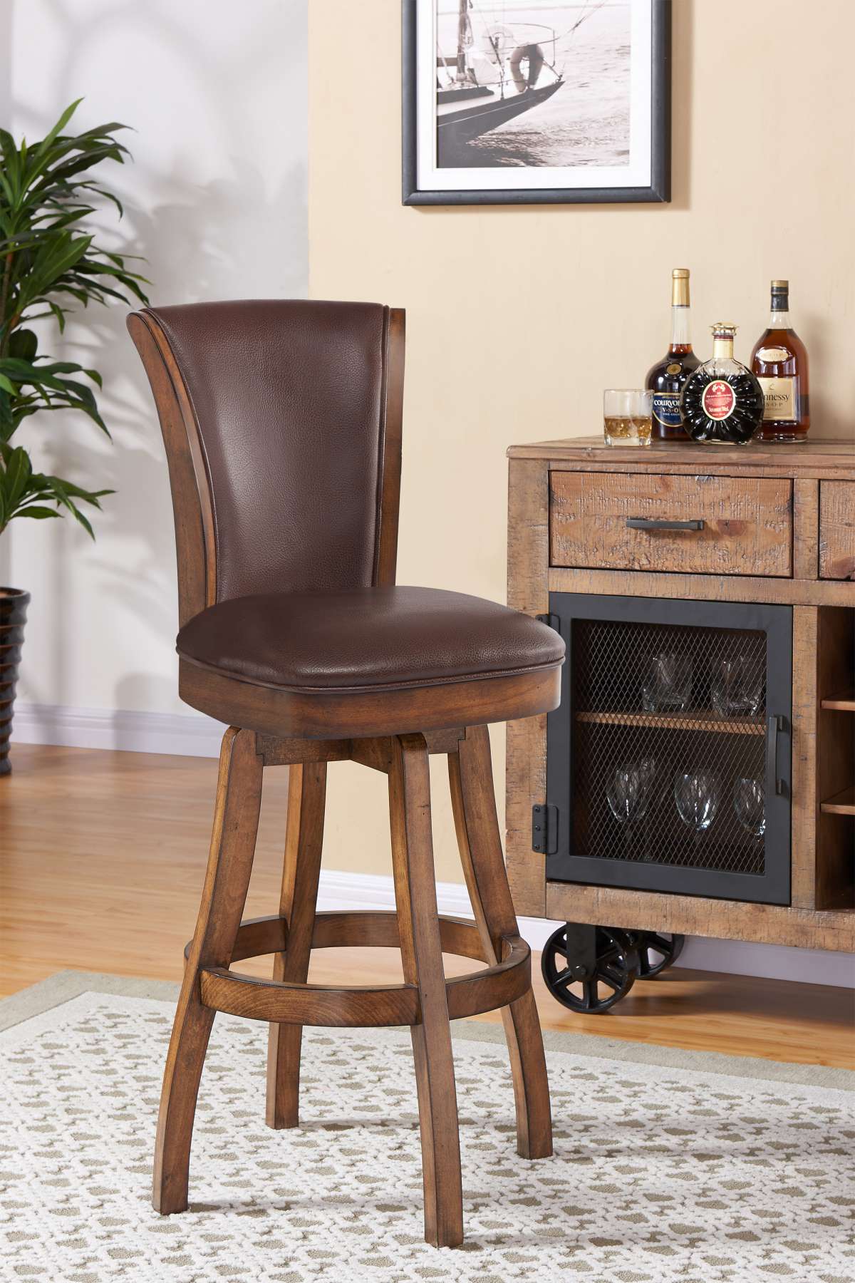 Raleigh 30" Bar Height Swivel Wood Barstool in Chestnut Finish and Kahlua Faux Leather By Armen Living | Bar Stools | Modishstore