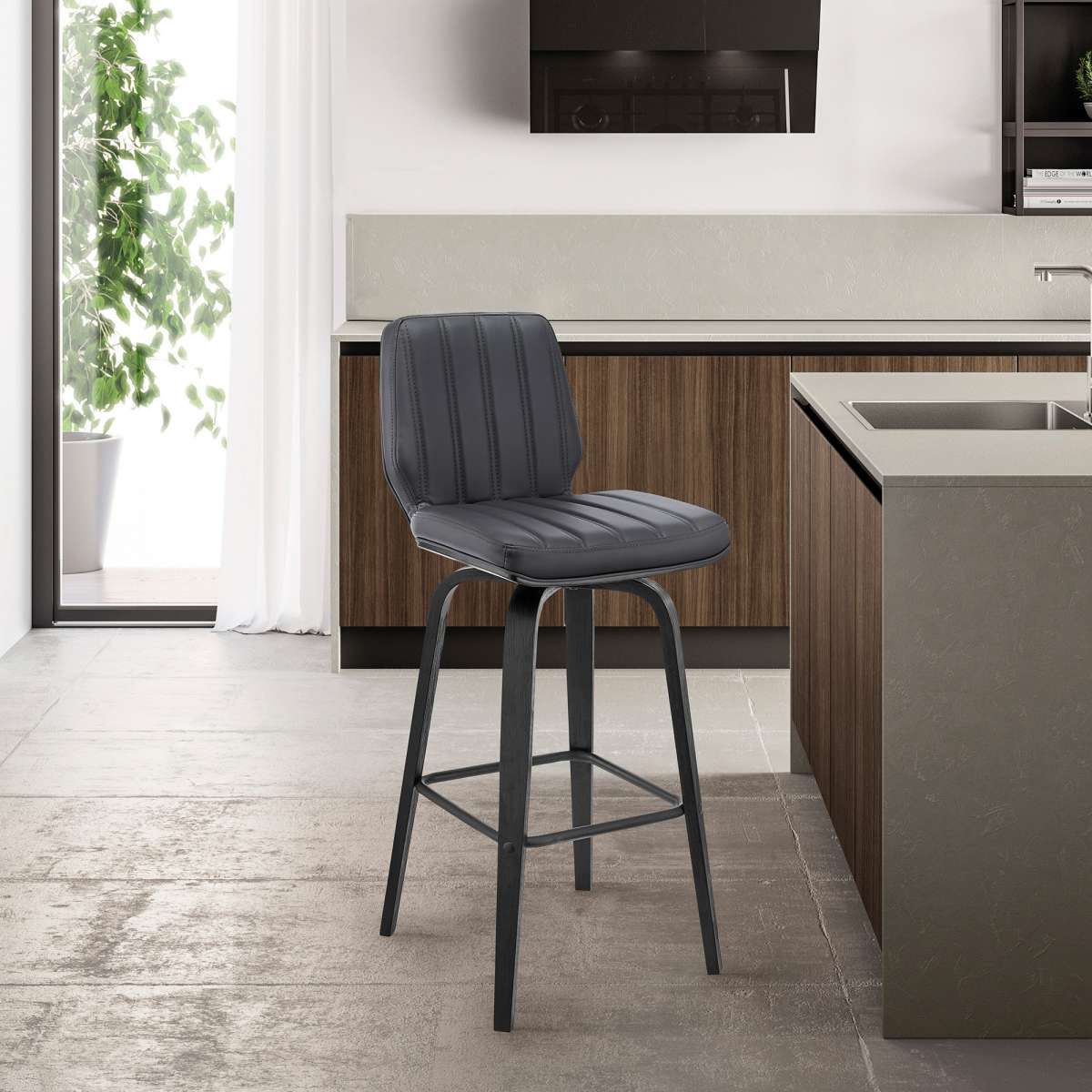 Renee 26" Swivel Grey Faux Leather and Black Wood Bar Stool By Armen Living | Bar Stools | Modishstore