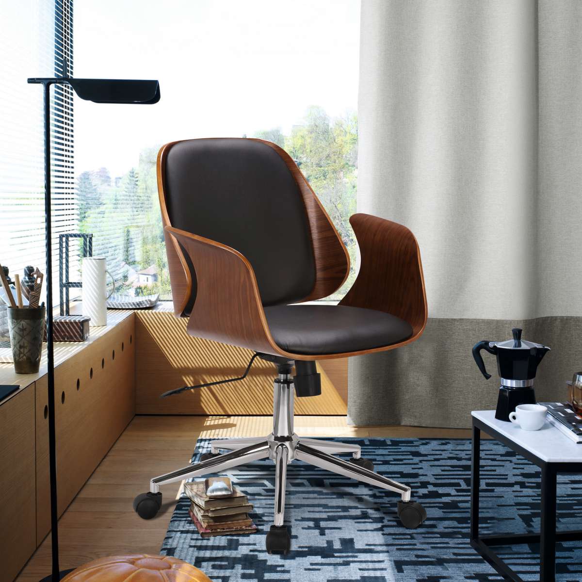 Santiago Mid-Century Office Chair in Black Faux Leather with Walnut Wood Finish By Armen Living | Office Chairs | Modishstore