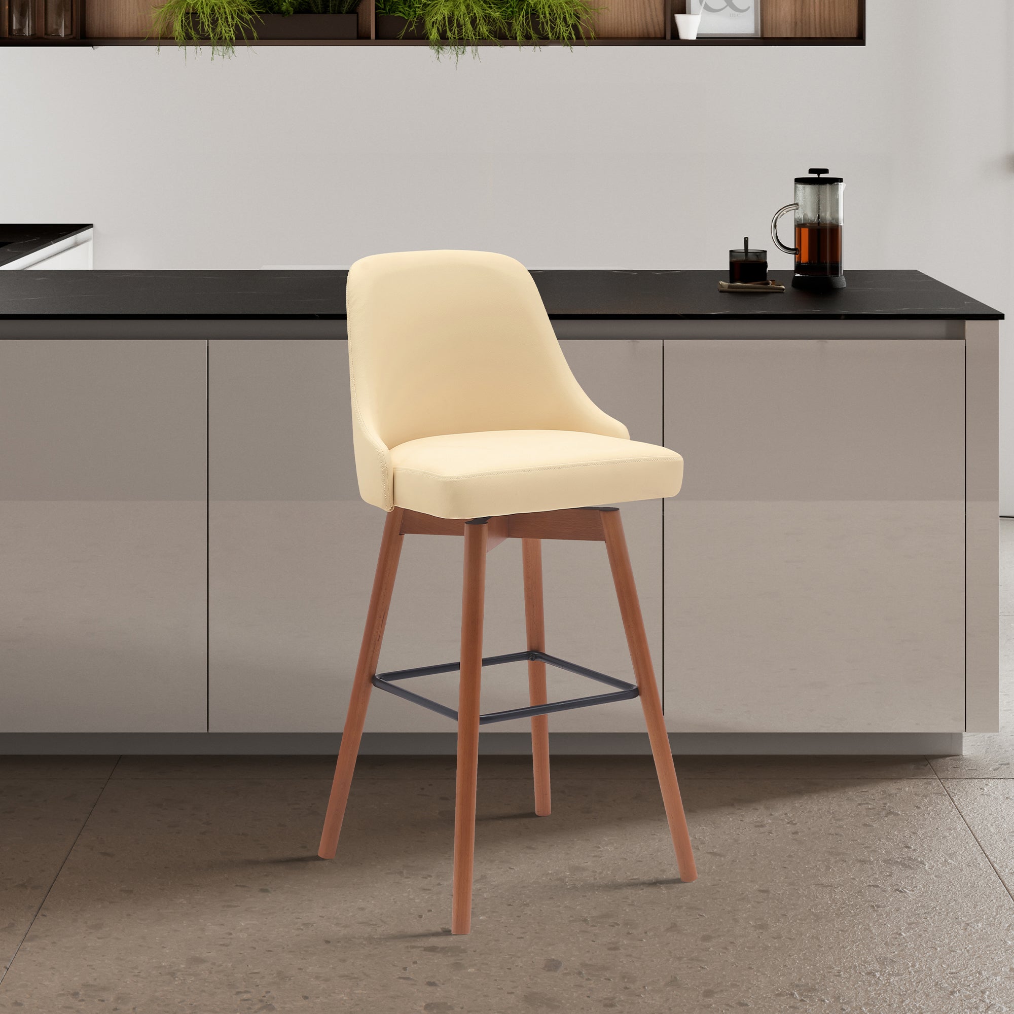 Sicily 30 Swivel Walnut Wood Bar Stool in Cream Faux Leather By Armen Modish Store