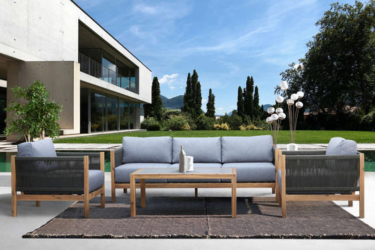 Sienna Outdoor Eucalyptus Sofa in Teak Finish with Grey Cushions By Armen Living | Outdoor Sofas, Loveseats & Sectionals |  Modishstore 