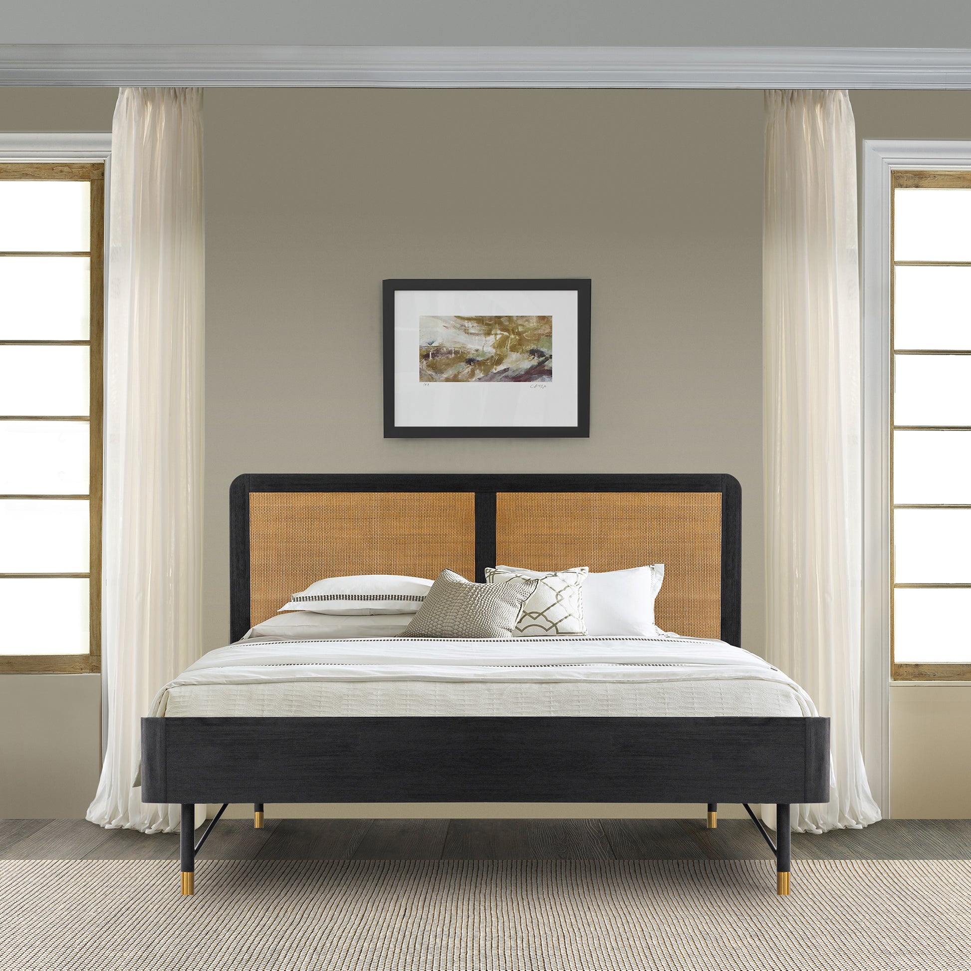 Saratoga King Platform Frame Bed in Black Acacia with Rattan Headboard By Armen Living | Beds | Modishstore