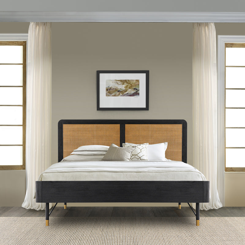 Saratoga King Platform Frame Bed in Black Acacia with Rattan Headboard By Armen Living | Beds | Modishstore