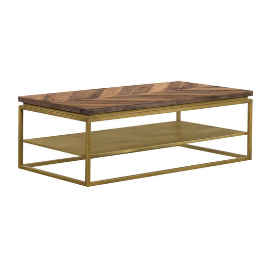 Faye Rustic Brown Wood Coffee Table with Shelf and Antique Brass Metal Base By Armen Living | Coffee Tables | Modishstore