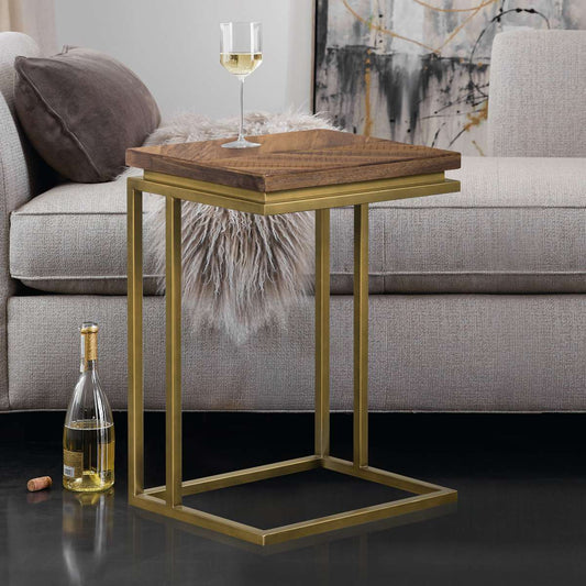 Faye Rustic Brown Wood C-Shape End table with Antique Brass Base By Armen Living | End Tables | Modishstore