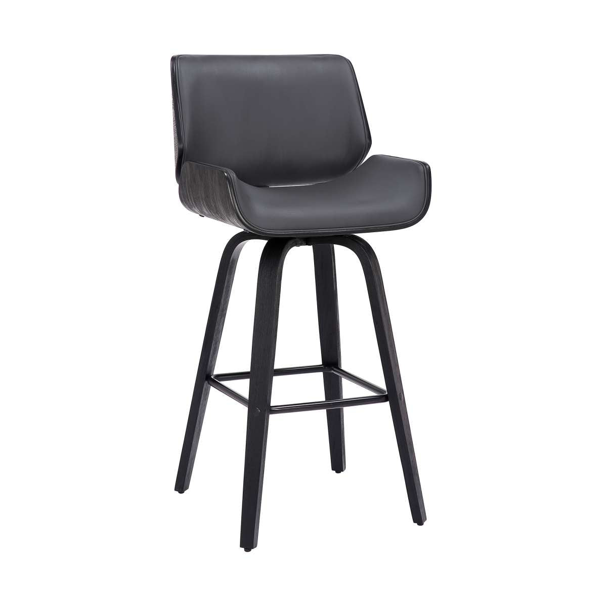 Tyler 30" Bar Height Swivel Grey Faux Leather and Black Wood Bar Stool By Armen Living | Bar Stools | Modishstore