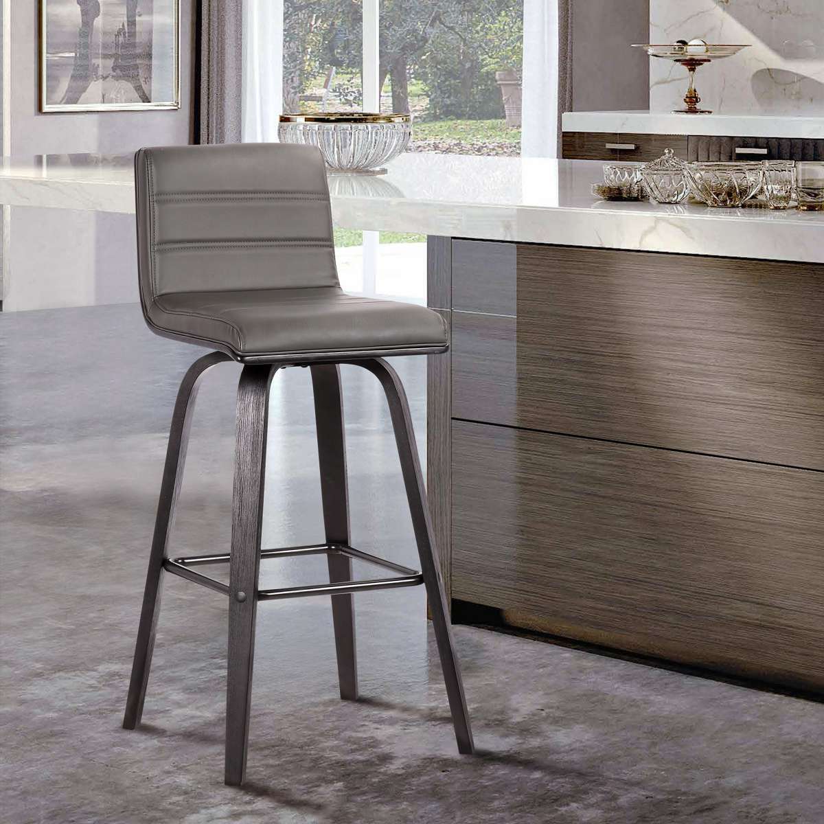 Vienna 26" Counter Height Swivel Grey Faux Leather and Black Wood Bar Stool By Armen Living | Bar Stools | Modishstore