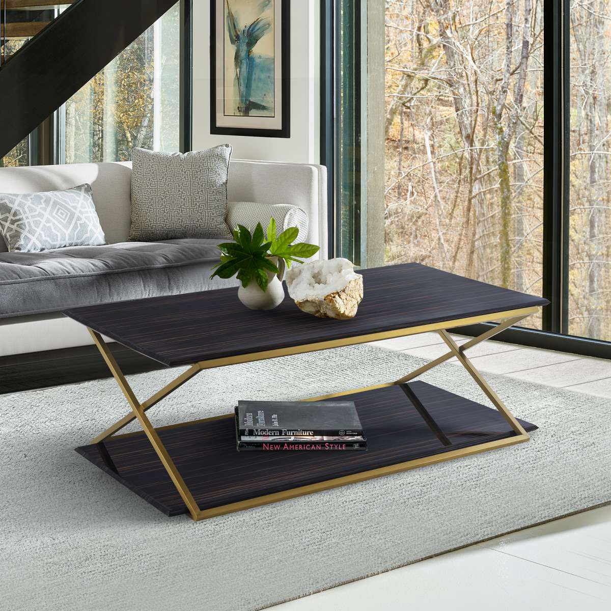 Westlake Dark Brown Veneer Coffee Table with Brushed Gold Legs By Armen Living | Coffee Tables |  Modishstore 